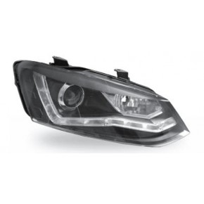 Тюнинг - комплект линзованных фар с led (светодиоды) с регулирующим мотором внутри черные Volkswagen Polo седан / хетчбек