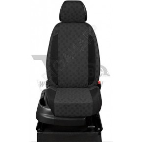 Чехлы CHEVROLET Aveo 2003-2006. Боковины: Чёрный креп. Середина: Красная точка, жаккард. Спинка: Чёрная экокожа