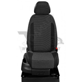 Чехлы VOLKSWAGEN Multivan T4 1998-2003. Боковины: Чёрный креп. Середина: Белая точка, жаккард. Спинка: Чёрная экокожа
