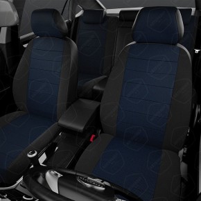 Универсальные чехлы.  Боковины: чёрный креп. Середина: синий жаккард. Спинка: чёрная экокожа.