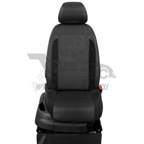 Чехлы VOLKSWAGEN Golf VI 2008-2013. Боковины: Чёрный креп. Середина: Синяя точка, жаккард. Спинка: Чёрная экокожа