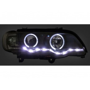 Тюнинг - комплект линзованных фар с ксеноном ангельские глазки с дхо BMW E53 X5