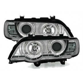 Тюнинг - комплект линзованных фар с ксеноном ангельские глазки с дхо BMW E53 X5