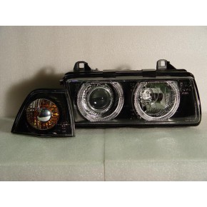 Тюнинг - комплект линзованных фар ангельские глазки + поворотники черные BMW E36