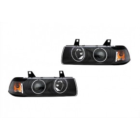 Тюнинг - комплект фар ангельские глазки + указатели поворота черные BMW E36