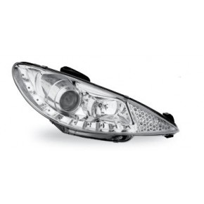 Тюнинг - комплект линзованных фар с led (светодиоды) внутри хром Peugeot 206