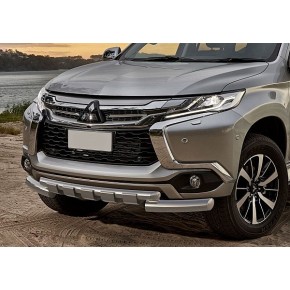 Защита переднего бампера  Mitsubishi Pajero Sport 2016-, d76+d57 с профильной защитой картера