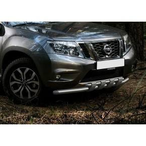 Защита переднего бампера  Nissan Terrano 2014-, d57+d42 с профильной защитой картера